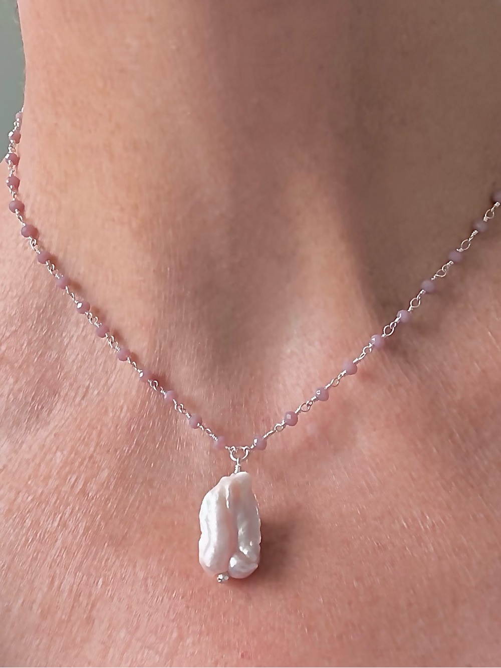 Handcrafted Quartz Rosary Style Beaded Necklace with a  Baroque Pearl Pendant